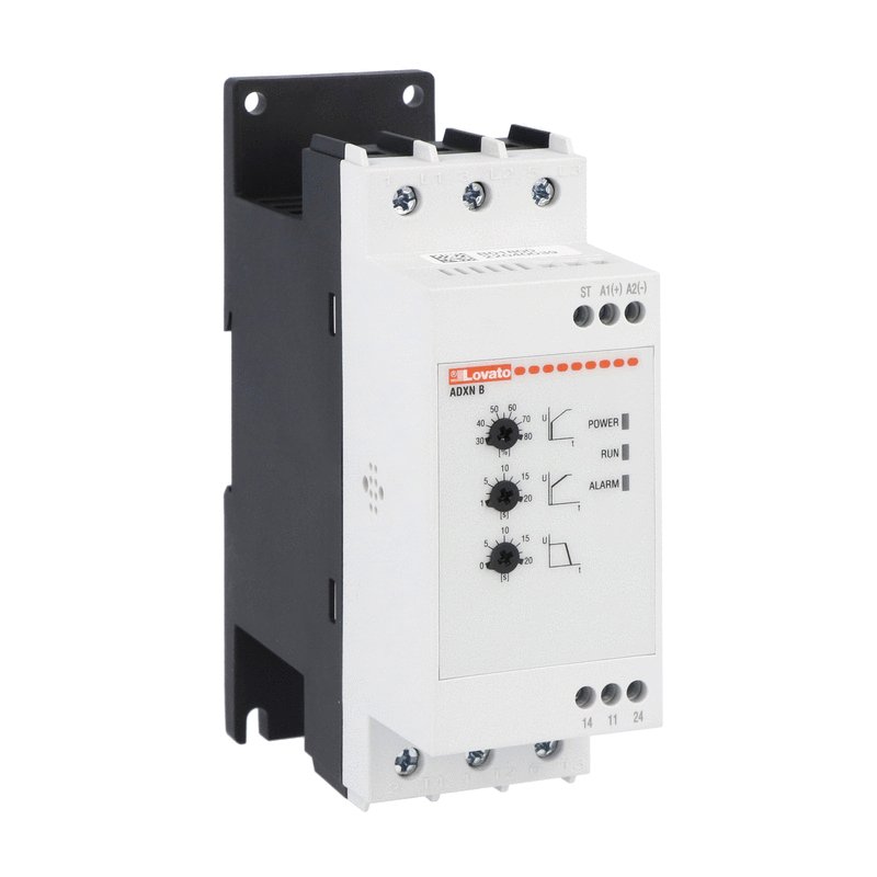 60-ADXNB006 Softstarters ADXNB All-in-one solution for engines. Quick and easy configuration using 3 potentiometers. Programmable inputs and outputs, smart functions such as starting voltage, acceleration and deceleration speed. Has an integrated bypass.