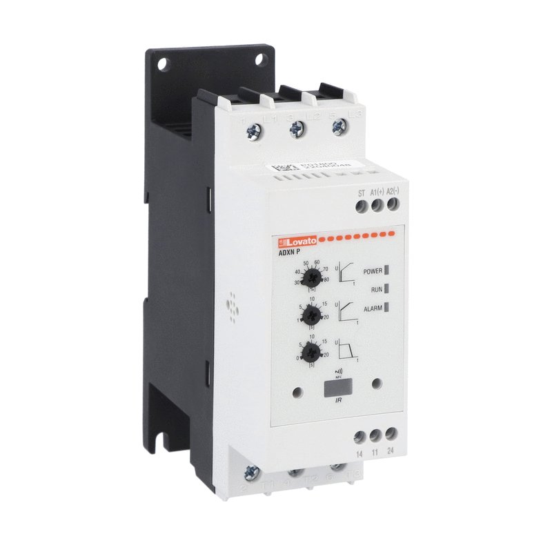 60-ADXNP012 Softstarters ADXNP All-in-one solution for engines. Quick and easy configuration using 3 potentiometers and NFC. Programmable inputs and outputs, smart functions such as starting voltage, acceleration and deceleration speed. Has an integrated bypass.