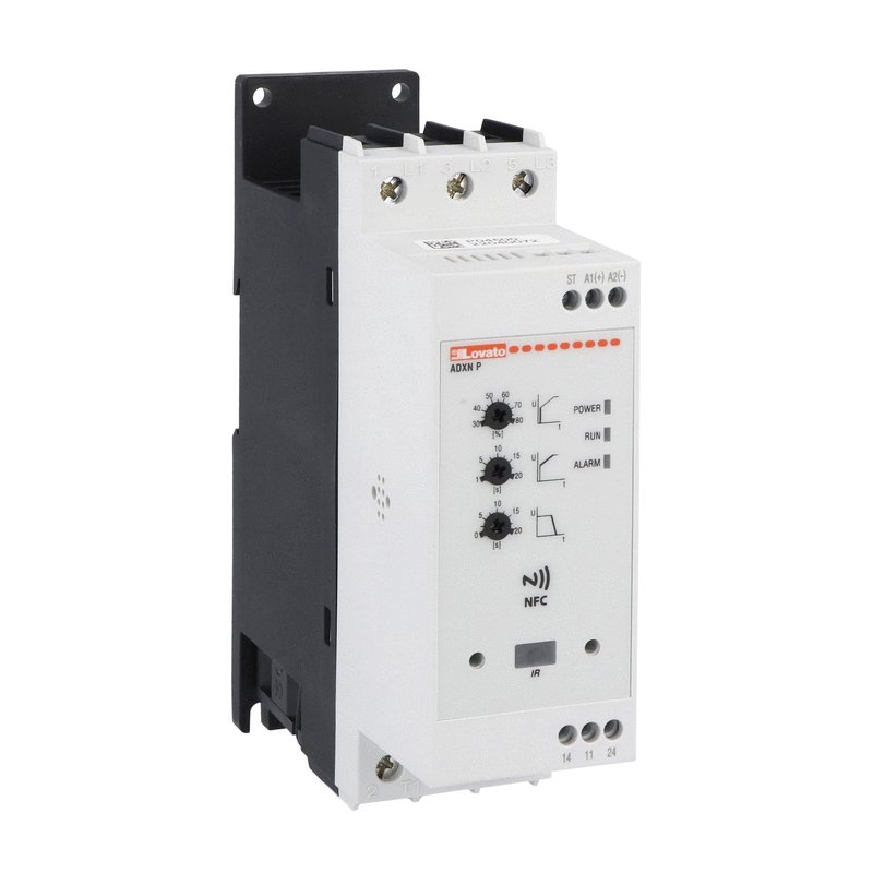 60-ADXNP025 Softstarters ADXNP All-in-one solution for engines. Quick and easy configuration using 3 potentiometers and NFC. Programmable inputs and outputs, smart functions such as starting voltage, acceleration and deceleration speed. Has an integrated bypass.
